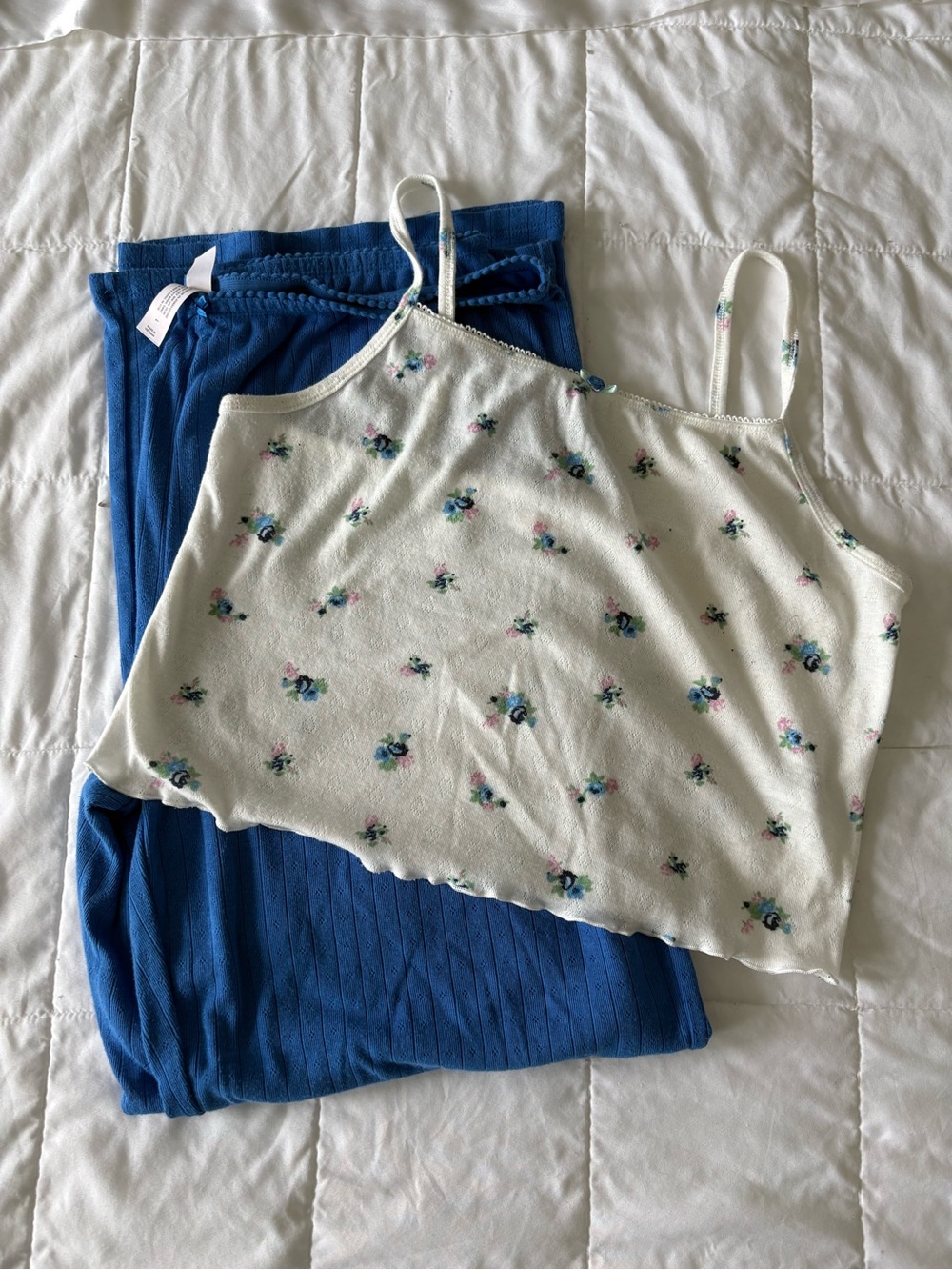 White Floral Camisole with Blue Lounge Pants